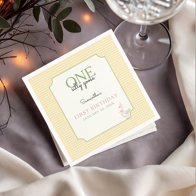 Guardanapo De Papel One Silly Goose Pink and Gingham 1st Birthday (Silly Goose Birthday Party Napkin)