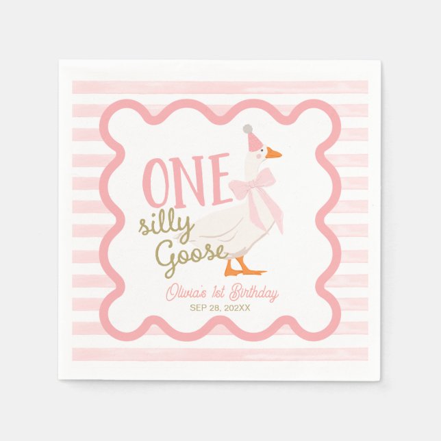 Guardanapo De Papel One Silly Goose Pink Bow 1st Birthday (Frente)
