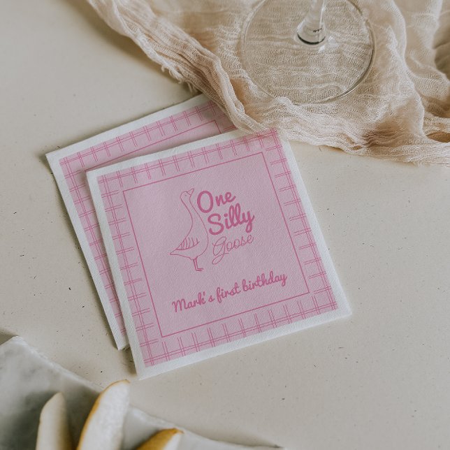 Guardanapo De Papel One Silly Goose Pink Hand Drawn Girl 1st Birthday  (Criador carregado)