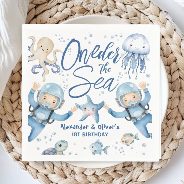 Guardanapo De Papel ONEder The Sea Twin Boys 1st birthday Cute Ocean  (Criador carregado)