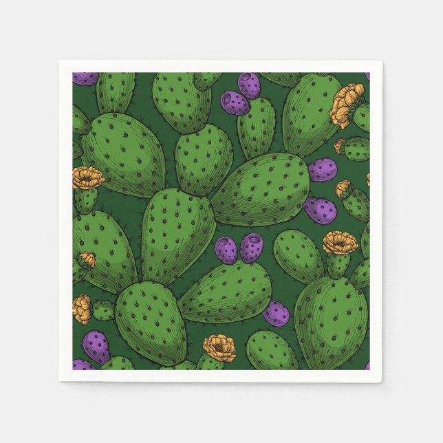 Guardanapo De Papel Opuntia florescente em verde escuro (Frente)