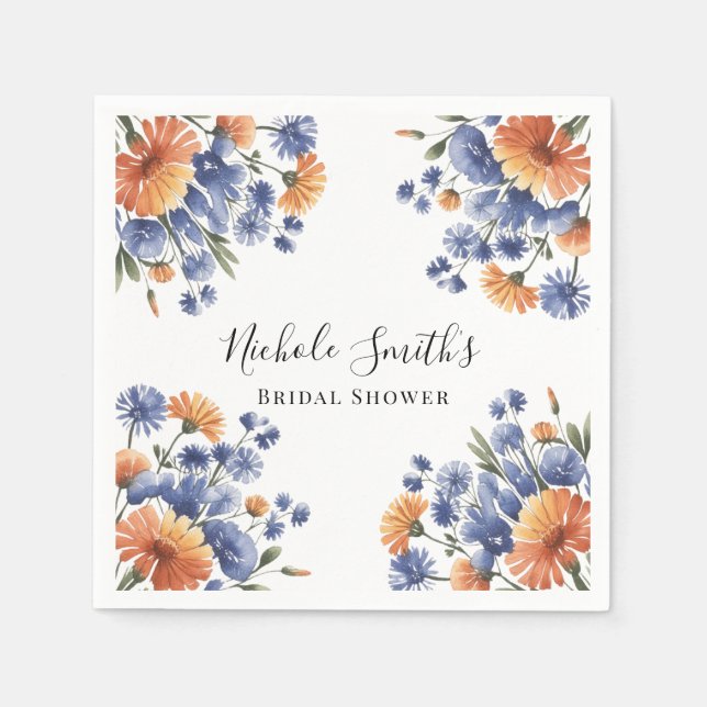 Guardanapo De Papel Orange and Cobalt Blue Floral Bridal Shower (Frente)