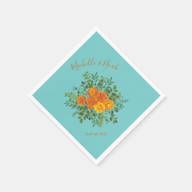 Guardanapo De Papel Orange & Aqua Wedding Modern Floral (Canto)