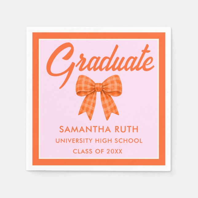 Guardanapo De Papel Orange Gingham Bow Graduation Party (Frente)