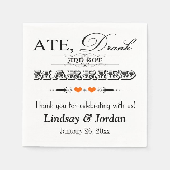 Guardanapo De Papel Orange Hearts and Scrolls Wedding Napkins (Frente)