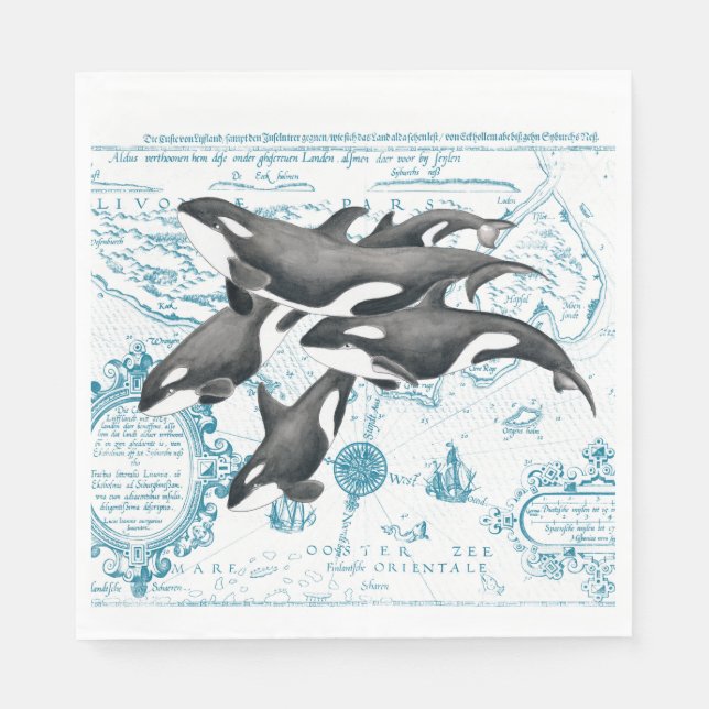 Guardanapo De Papel Orca whales família antiga azul (Frente)
