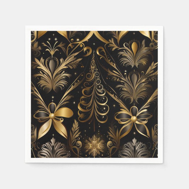 Guardanapo De Papel Ornamentado Feriado Preto E Dourado (Frente)