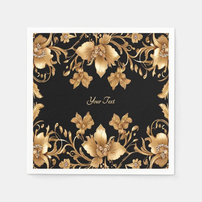 Guardanapo De Papel Ornamentado Negro Dourado Nápoles Floral (Frente)