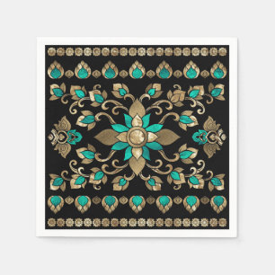Guardanapo De Papel Ornamento Tailandês - Dourado e Teal