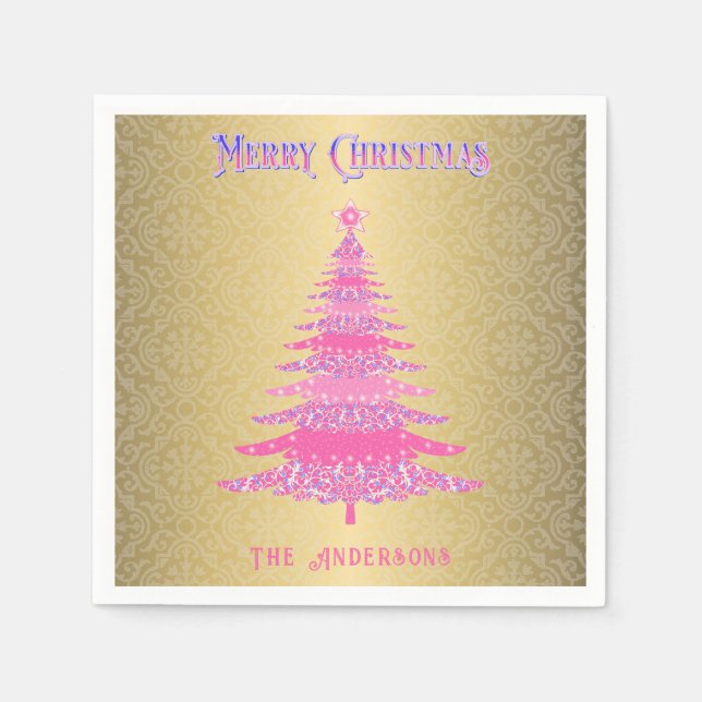 Guardanapo De Papel Ornamentos de Nome Dourado da Árvore de Natal Rosa (Frente)