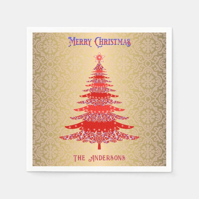 Guardanapo De Papel Ornamentos de Nome Dourado Vermelho da Árvore de N (Frente)