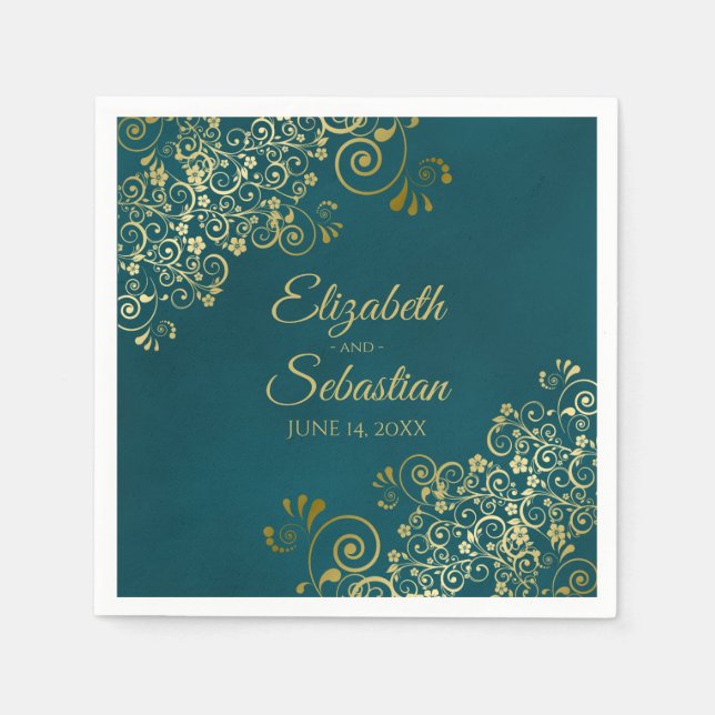 Guardanapo De Papel Ornate Gold Filigree Elegant Dark Teal Wedding (Frente)