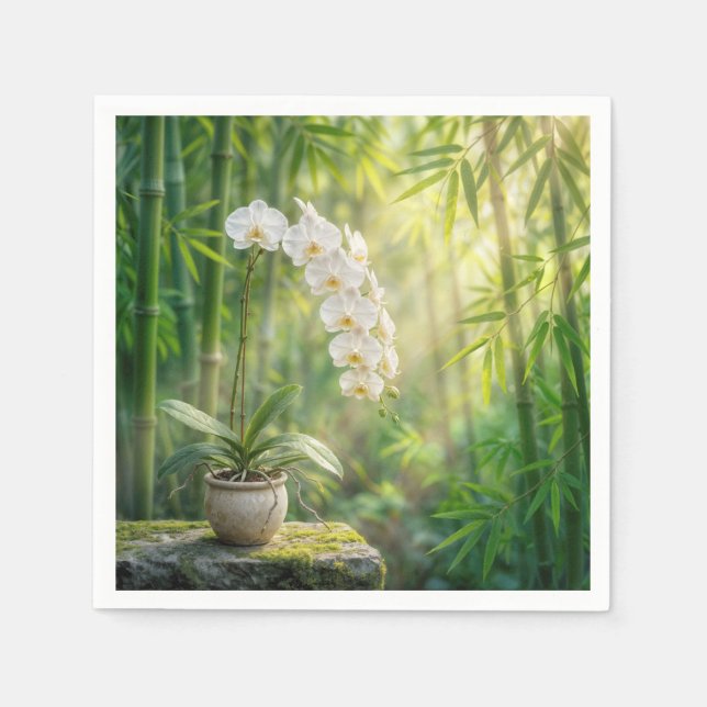 Guardanapo De Papel Orquídeas Brancas na Floresta de Bambu (Frente)