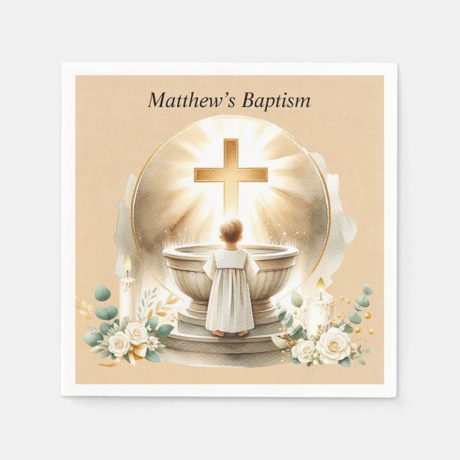 Guardanapo De Papel Ouro Batismal Baby Boy Christening Baptism (Frente)