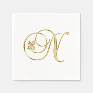 Guardanapo De Papel Ouro Cor Floral Monograma - Letra N