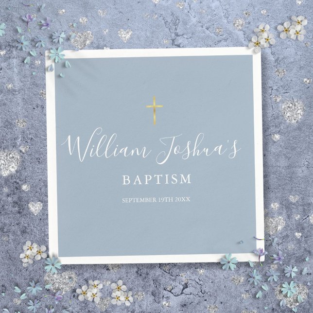 Guardanapo De Papel Ouro Cruz Azul Empoeirado Batismo Batizado (Dusty Blue Gold Cross Baptism Christening Napkins)