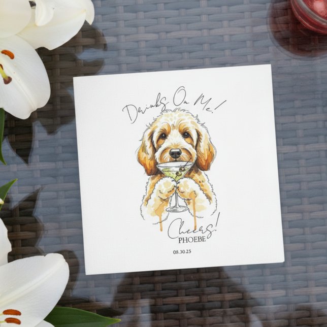 Guardanapo De Papel Ouro Desenhado à Mão - Bar Aberto Martini (Toast your pet with this custom hand drawn golden doodle martini cocktail napkin!)