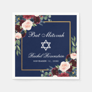 Guardanapo De Papel Ouro floral azul de Mitzvah Borgonha do bastão