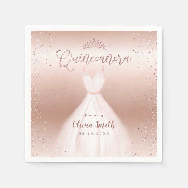 Guardanapo De Papel Ouro-rosa brilhante elegante com quinceñera vestid (Frente)
