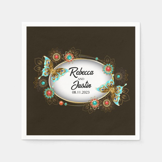 Guardanapo De Papel Oval Dourado Borboletas Black Modern Boho (Frente)