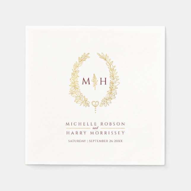 Guardanapo De Papel Oval wreath art deixa o monograma vermelho-ouro (Frente)