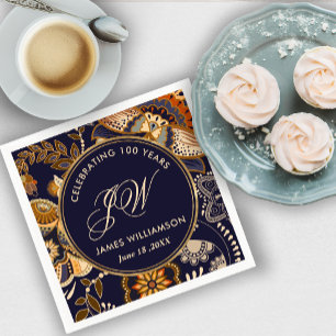Guardanapo De Papel Padrão Azul Elegante e Dourado 100º Aniversário