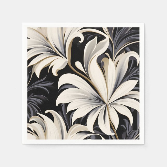 Guardanapo De Papel Padrão Botânico Dinâmico Preto E Branco (Frente)