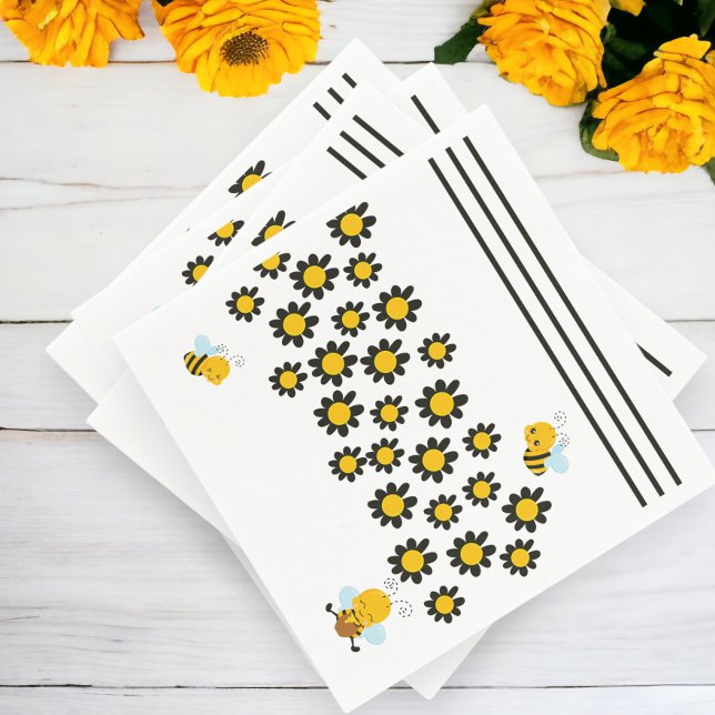 Guardanapo De Papel Padrão de Abelhas de Flor Preto Amarelo (Yellow Black Flower Bee Pattern Napkins from Ricaso)