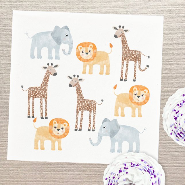 Guardanapo De Papel Padrão de Aquarela de Animais Safari Cute (Fun safari animal baby elephant giraffe and lion watercolor party paper napkins)