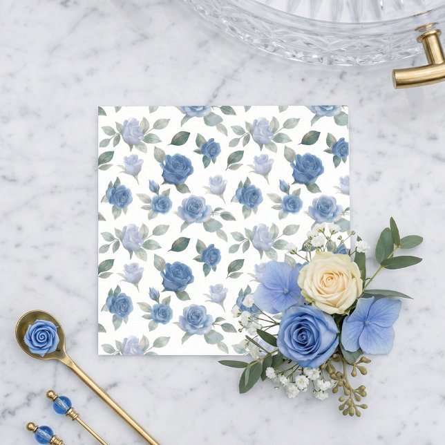Guardanapo De Papel Padrão de Aquarela de Rosa Azul Francesa Elegante (It’s all in the details! Elegant blue watercolor rose napkins. 💙✨)