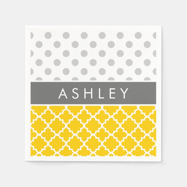 Guardanapo De Papel Padrão de Bolinhas de Quatrefoil Amarelo e Cinza (Frente)
