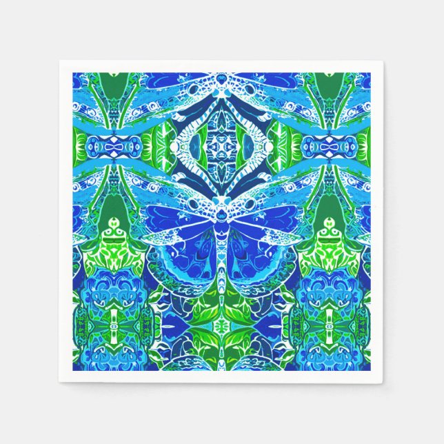 Guardanapo De Papel Padrão de borboleta e medalhão em azul (Frente)