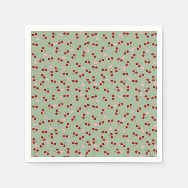 Guardanapo De Papel Padrão de Cerejas em Fundo Verde (Frente)
