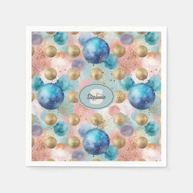 Guardanapo De Papel Padrão de Círculo Dourado e Azul com Acentos de Gl (Frente)