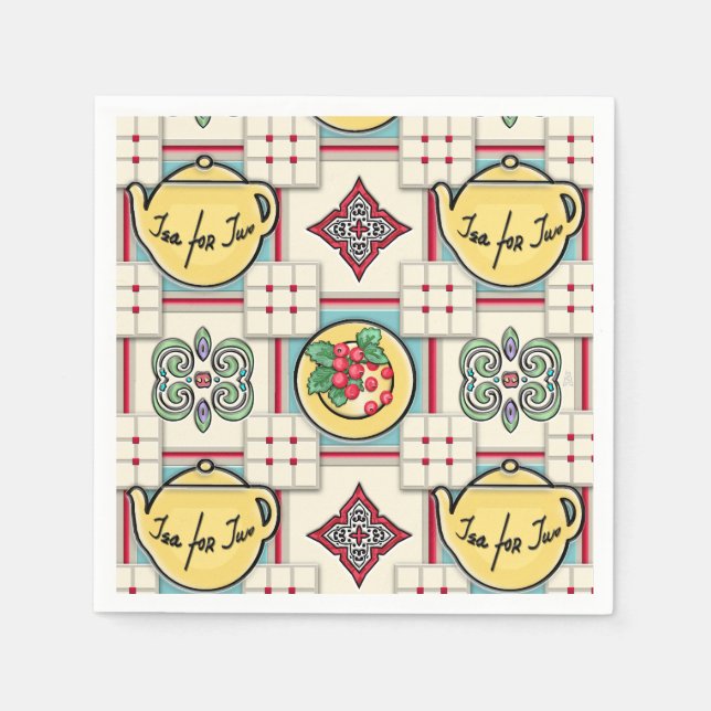 Guardanapo De Papel Padrão de cozinha na década de 1940 com chaleiras  (Frente)