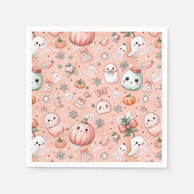 Guardanapo De Papel Padrão de Doodle de Halloween com Fantasmas e Abób (Frente)