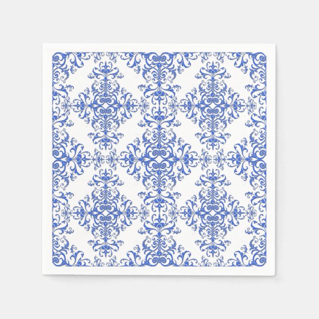 Guardanapo De Papel Padrão de Estilo de Damasco Floral Branco e Azul (Frente)