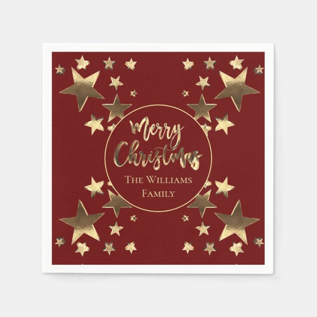 Guardanapo De Papel Padrão de Estrela Vermelha Dourada Elegante Feliz  (Frente)