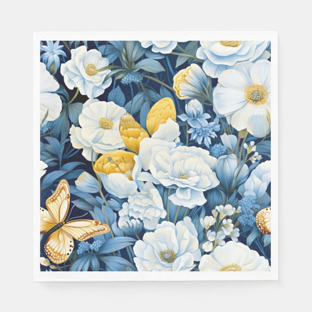 Guardanapo De Papel Padrão de flores, azul, branco, amarelo dourado, (Frente)