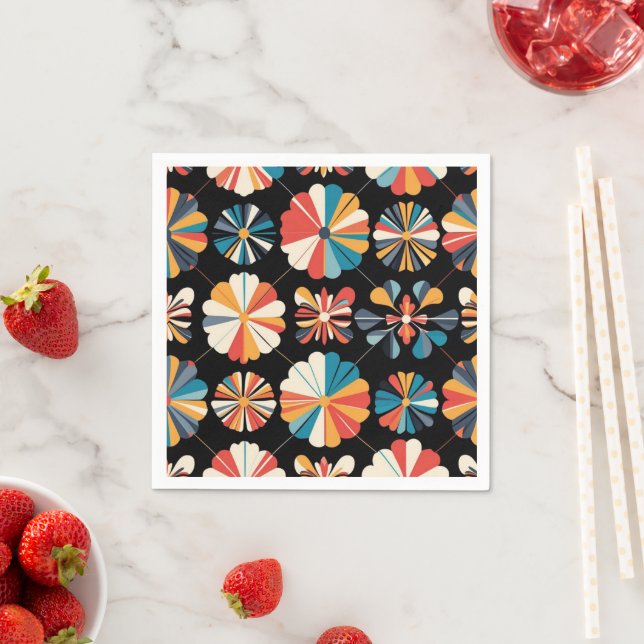 Guardanapo De Papel Padrão de Flores geométricas Preto Arco-íris Retro (Insitu)