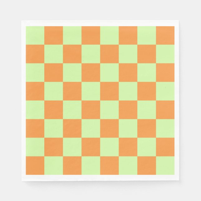 Guardanapo De Papel Padrão de Gingham Verificado em Laranja Verde (Frente)
