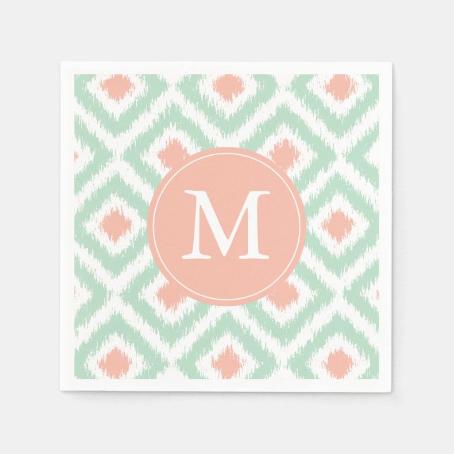 Guardanapo De Papel Padrão de Ikat Monogramas Mint e Coral (Frente)