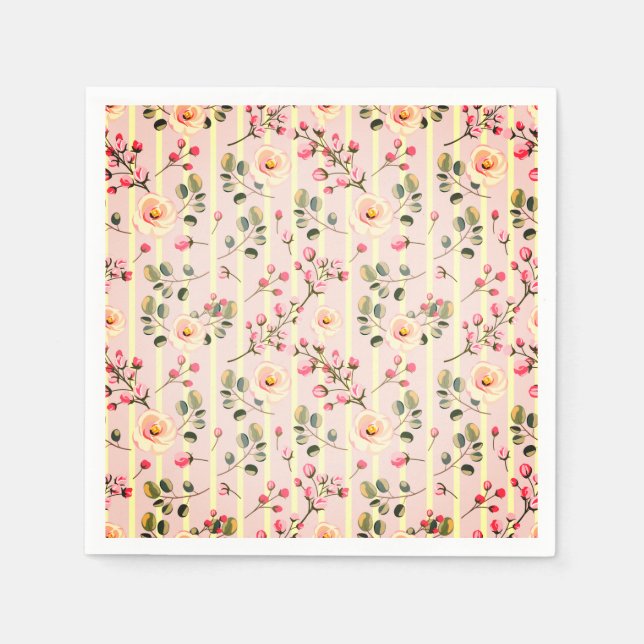 Guardanapo De Papel Padrão de Listras Florais Rosa Suave (Frente)
