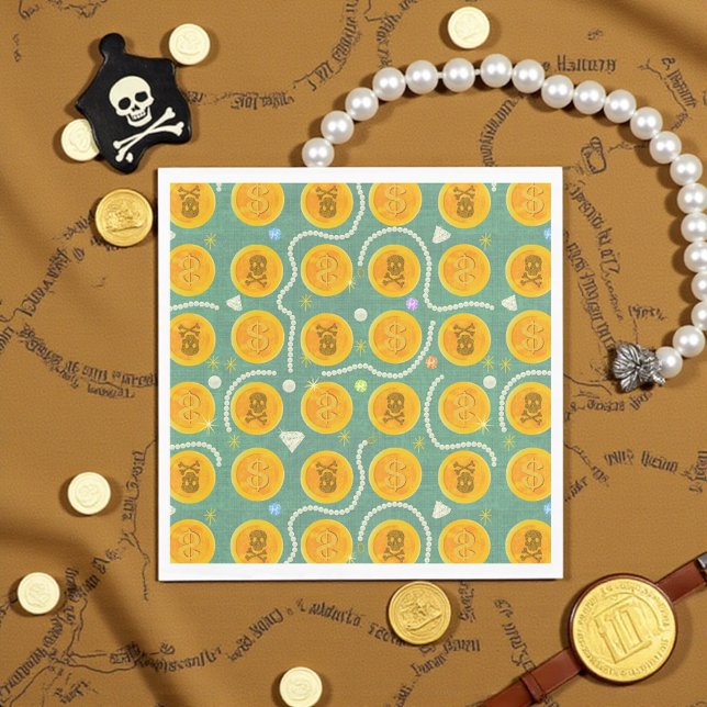 Guardanapo De Papel Padrão de Moedas e Pérolas Piratas Douradas (Golden pirate coins and pearls napkin, perfect for kids’ pirate parties and treasure themes.)
