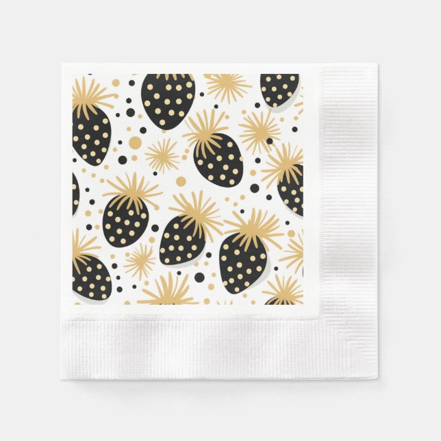 Guardanapo De Papel Padrão de Morango Preto e Dourado (Frente)