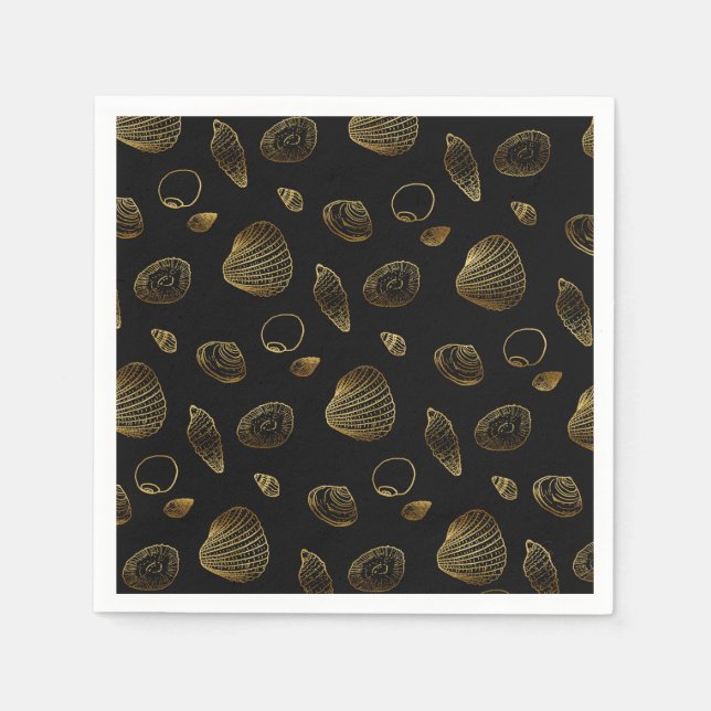 Guardanapo De Papel Padrão de na moda Black Dourado Seashells (Frente)