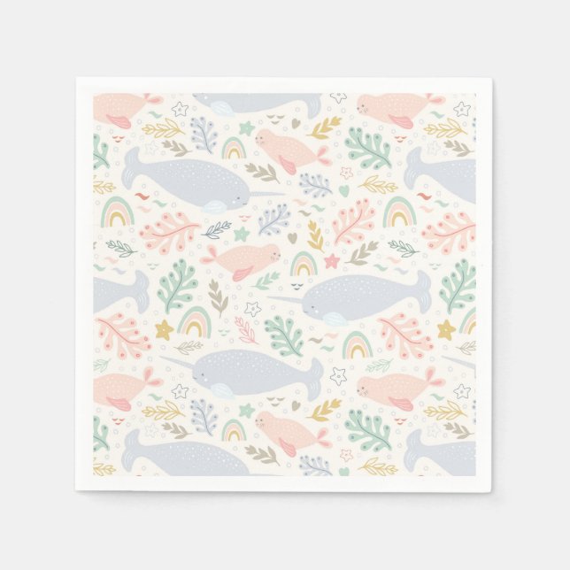 Guardanapo De Papel Padrão de Narwhal e Seal de Aquarela (Frente)
