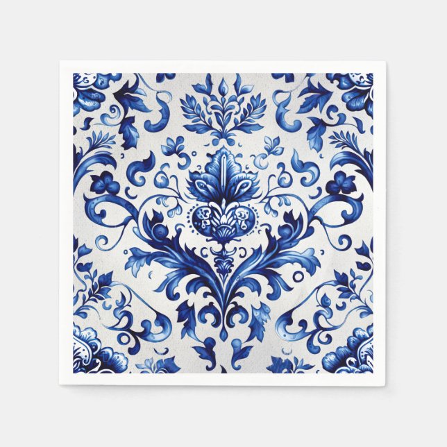 Guardanapo De Papel Padrão de ornamento floral do estilo Delft azul e  (Frente)