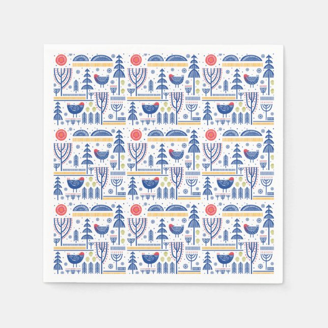 Guardanapo De Papel Padrão de Pássaros Folk Art Winter (Frente)