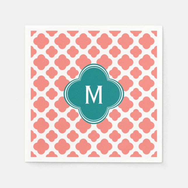 Guardanapo De Papel Padrão de Quatrefoil Rosa-Coral Monograma com Teal (Frente)